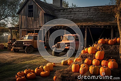 A jack o lantern barn, its rotting wooden doors gaping open to reveal piles upon piles of pumpkins waiting to be carved for Stock Photo
