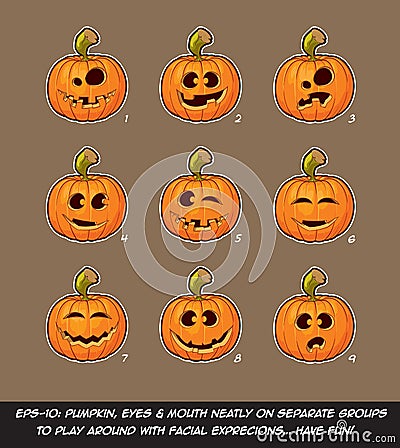 Jack O Lantern Cartoon - 9 Funny n Goof Expressions Set Vector Illustration