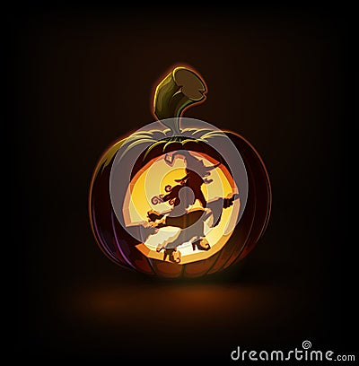 Jack-o-Lantern Dark Witch on Broom Vector Illustration