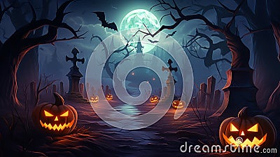 Jack o' lantern glowing in old cellar in creepy fantasy night halloween background Stock Photo