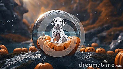 jack o lantern highly intricately detailed photograph of Dalmatian puppy on a halloween pumpkin inside a glass ball Stock Photo