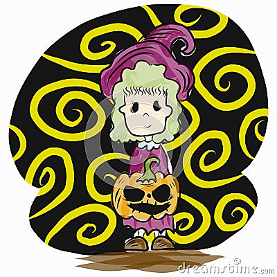 Jack o lantern and kid dress witch suit for halloween content Vector Illustration