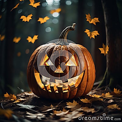 A Grinning Jack-o'-Lantern Pumpkin Welcomes Halloween. Stock Photo