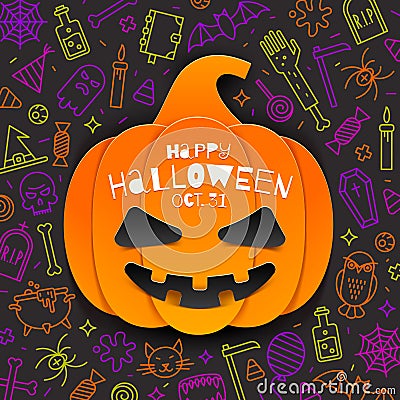 Jack-o-lantern pumpkin cutout from paper on a background with linear halloween signs and symbols. Vector Illustration