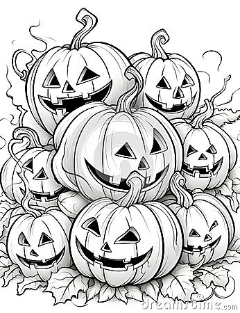 jack-o-lantern pumpkin stack, Halloween black and white picture coloring book Vector Illustration