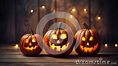 Jack-o-lantern pumpkins, candles, garland. Cute Halloween background. Generative AI Stock Photo