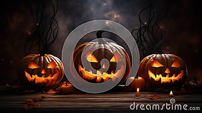 Jack-o-lantern pumpkins, candles, garland. Cute Halloween background. Generative AI Stock Photo