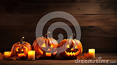 Jack-o-lantern pumpkins, candles, garland. Cute Halloween background. Generative AI Stock Photo