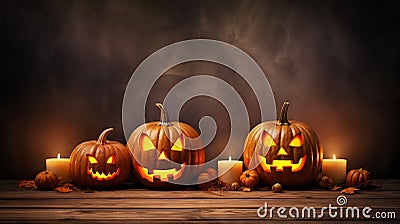 Jack-o-lantern pumpkins, candles, garland. Cute Halloween background. Generative AI Stock Photo