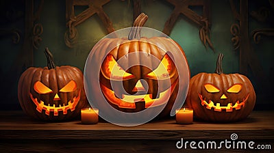 Jack-o-lantern pumpkins, candles, garland. Cute Halloween background. Generative AI Stock Photo