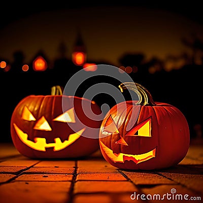 Jack o lantern pumpkins at night on Halloween Stock Photo