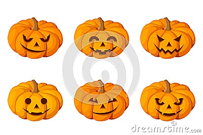 Jack-O-Lantern. Set of six Halloween pumpkins. Vector Illustration