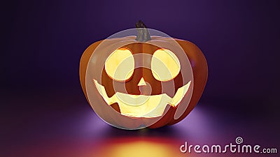 Jack-o-lantern, Smile Pumpkin, Happy Halloween 3D illustration on dark purple background Cartoon Illustration