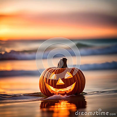 Jack-o-Lantern On a Sunset Beach Stock Photo