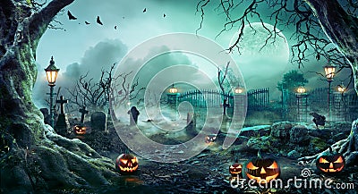 Jack O` Lanterns In Graveyard In The Spooky Night Stock Photo