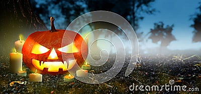 Jack O Lanterns pumpkin Glowing with candles In The Spooky Night forest - Banner. Halloween Scene background. Copyspace for text Stock Photo