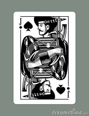 Jack playing card of Spades suit in vintage engraving drawing style Vector Illustration