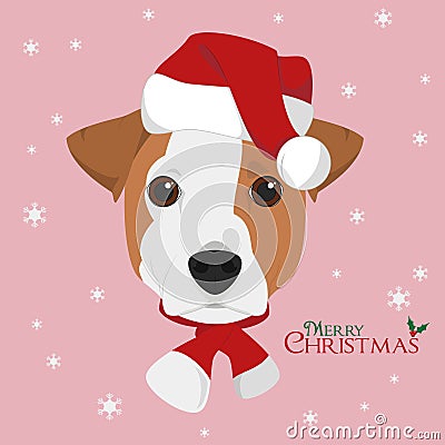 Jack Russell dog with red Santa`s hat Vector Illustration