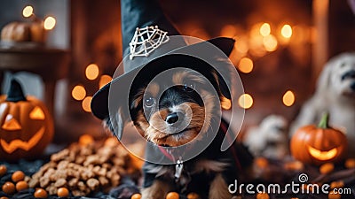 jack russell terrier A Halloween puppy wearing a witch hat, caught in the act of casting a spell on a pile of treats, Stock Photo