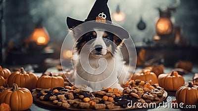 jack russell terrier A Halloween puppy wearing a witch hat, caught in the act of casting spells on a pile of treats, Stock Photo