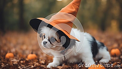 jack russell terrier puppy Cute puppy wearing a Halloween witch hat. Stock Photo
