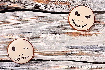 Jack Skellington cookies on vintage background. Stock Photo