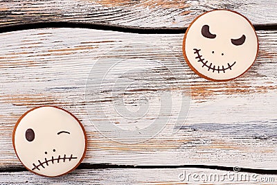 Jack Skellington cookies on wooden background. Stock Photo