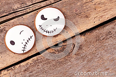 Jack Skellington cookies on wooden background. Stock Photo