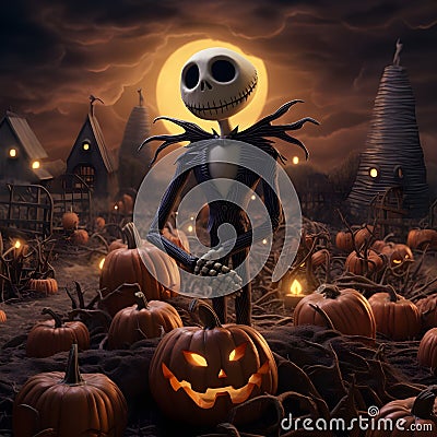 Jack Skellington with pumpkins Cartoon Illustration