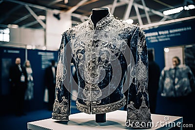 Jacket in blue color with a mysterious silver (white) embroidery Stock Photo