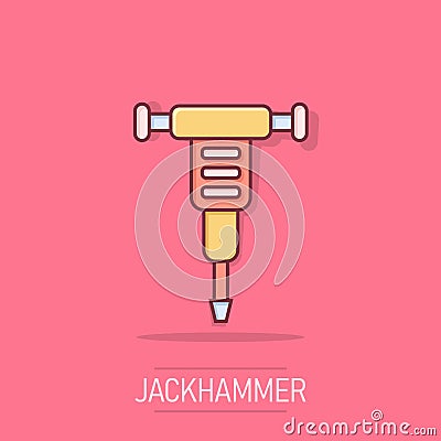 Jackhammer icon in comic style. Demolish package vector illustration on isolated background. Destroy splash effect business Vector Illustration