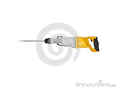 Jackhammer with steel drill bit, side view. Electric hammer drill with yellow handle. Power tool. Flat vector icon Vector Illustration