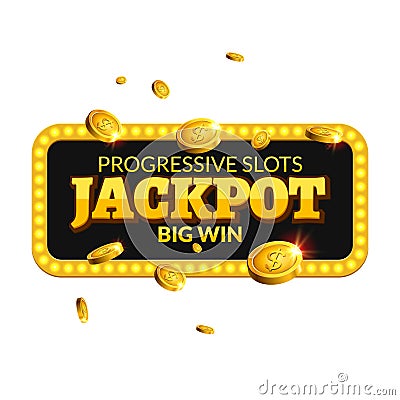 Jackpot casino label background sign. Casino jackpot coins money winner text shining symbol isolated on white Stock Photo