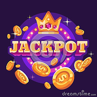 Jackpot casino purple round retro sign with flying gold coins flat illustration Vector Illustration