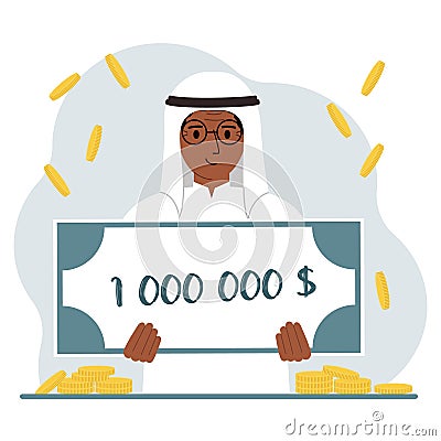 Jackpot, the concept of winning cash money. Happy smiling arab man holding a certificate for one million dollars in his Cartoon Illustration