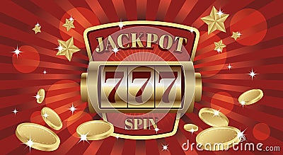 777 jackpot win screen slot mashine. Red and gold background color. Vector Illustration