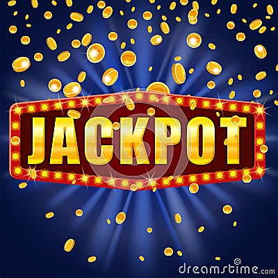 Jackpot Winner banner shining retro sign illuminated by spotlights falling coins. Lottery cazino vector illustration Vector Illustration