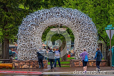 Jackson Hole, USA- May 23 2018: Large elk antler arches curve over Jackson Hole, Wyoming`s square`s, the antlers have Editorial Stock Photo