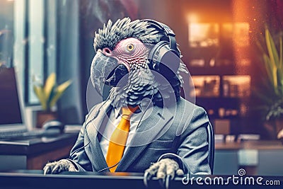 Jaco parrot in a business suit and headphones working in the office on a laptop. Telemarketing concept Stock Photo