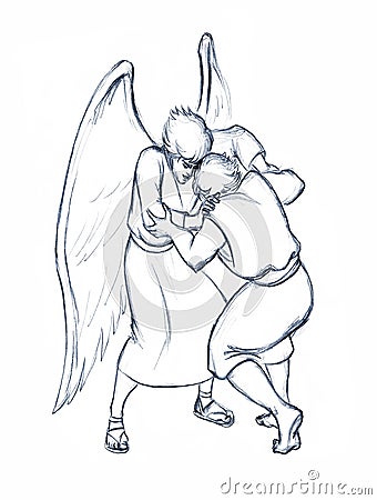 Jacob wrestles with an angel. Pencil drawing Stock Photo