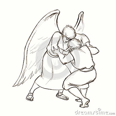 Jacob wrestles with an angel. Pencil drawing Stock Photo