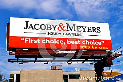 JACOBY & MEYERS Injury Lawyers billboard advertising on a street in Los Angeles Editorial Stock Photo