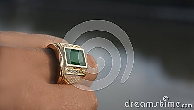 Jade is a gold ring decorated with green jade. beautiful Stock Photo