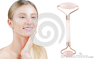Jade roller. Woman with massage lines showing her face after jade roller massage Stock Photo
