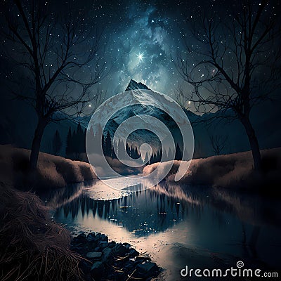 Jagged Illumination, A Mystical Mysticism Enigmatic Splendour Nightscape Fantasy, Made with Generative AI Stock Photo