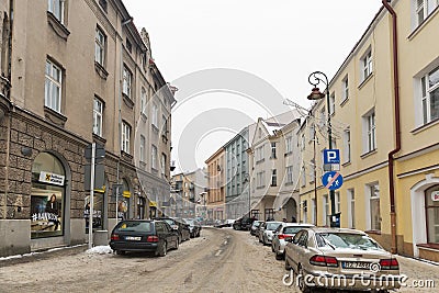 Jagiellonska winter street in Rzeszow, Poland. Editorial Stock Photo