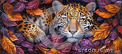 Jaguar cautiously peeking through dense, dark tropical jungle leaves in the lush wilderness Stock Photo