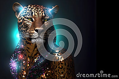 Jaguar in disco neon glitter glam shiny glow sequin outfit Stock Photo