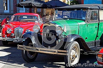 Jaguar and Ford close up at a vintage car show in Motueka High Street in front of the museum Editorial Stock Photo