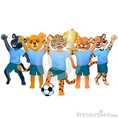 The jaguar with goblet and soccer ball, and the team of cougar, jaguar, lion, panther and tiger is on the white background Vector Illustration